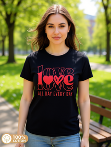 T-Shirt da Donna con Stampa Love, Collo Tondo, Motivo con Lettere Rosse, 100% Cotone, Casual Elegante, Primavera Estate, Manica Corta - Product Image 2