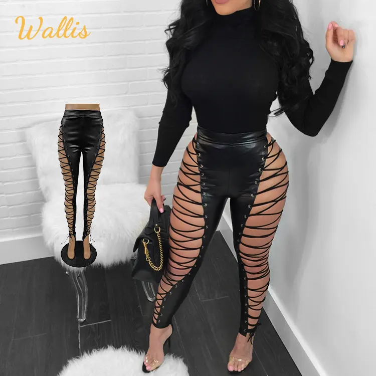 Tight Black Hollow Out Lace Up Sexy Pencil Pants Women High Waist Bandage Leggings Club Party Pu Faux Leather Pants