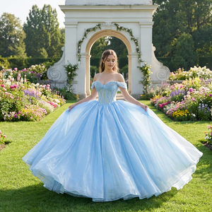 Robe de Quinceañera bleue, robe de soirée pour 15 ans, robe de bal sans manches avec cristaux et perles, Dy6791-1 - Product Image 1