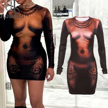 3D Body Printed Slim Fit Wrap Hip Vestido corto 2024 Otoño Invierno Moda Manga larga Cuello redondo Vestidos