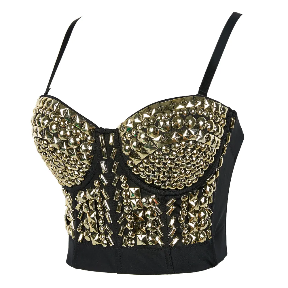 Factory Gold Gaga Bead Bustier Pearls Push Up Night Club Bralette Women's Bra Crop Top Bra