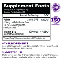 LIFEWORTH Soutient l'humeur L Methyl Folate Vitamines B12 5-MTHF Gouttes liquides Saveur de baies