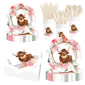 DAMAI - Decoración con Temática de Animales para Cumpleaños, Vaca de las Tierras Altas, Rosa, Suministros Desechables para Fiestas, Juego de Platos y Vasos de Papel - Product Image 2