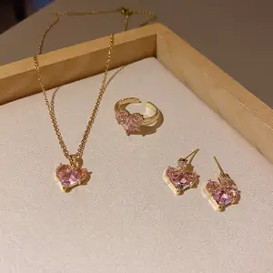 Venda quente 3 Pçs/Set Rosa Coração Zircon Neck rendas e Brincos Set Forma Amor Colar De Aço Inoxidável Para Mulher Menina