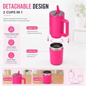 Custom Detachable 40 oz 2-IN-1 Reusable Coffee Travel Mug Leakproof Insulated Stainless Steel Tumbler <b>with</b> Handle and Flip <b>Straw</b> - Product Image 4