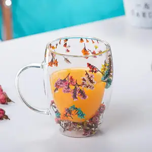 New Arrival Dry Flower Double Wall Glass Coffee Cup For Christmas Valentine's Day