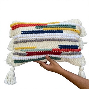 Handmade Bohemian Striped Throw Pillow Cover Square Cotton Textile Decorative Cushion Tassels Non-Toxic Embroidery Removable - Product Image 1