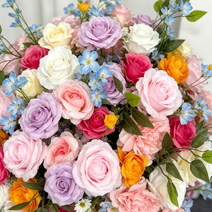 Vibrant and Colorful Silk Modern Floral Centerpiece with Lifelike Hanging Roses for Wedding Backdrop Decoration - Product Image 4