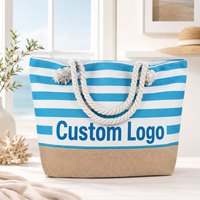 Tas Pantai Kanvas Bergaris Kustom Kapasitas Besar dengan Pegangan Tali dan Resleting, Tas Belanja, Tas Perjalanan, Grosir OEM Label Pribadi