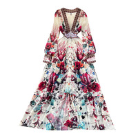 Robe longue décontractée mi-longue en mousseline de soie pour femme, style français, col en V sexy, manches longues, grand ourlet évasé, collection printemps