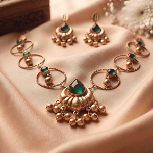 Antique Gold Plated Emerald Green Gemstone Circular Motif Imitation Necklace Perfect Pick for Festive Party Outfit Wear - Product Image 5