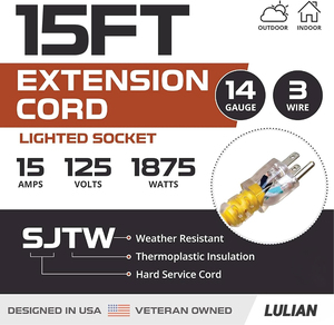 Nhiệm vụ nặng nề ngoài trời thiết bị đo đạc mở rộng dây 15A 12AWG sjtw 25ft IP65 không thấm nước 3 prong NEMA 5-15r cáp mở rộng - Product Image 2