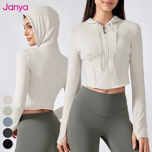 Janya, chaquetas de Fitness para gimnasio delgadas para mujer, de manga larga Sudadera con capucha, agujero para el pulgar, deportes para correr, chaqueta de Yoga con cremallera completa, estampado transpirable - Product Image 3