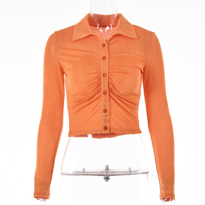 ins2021 summer new retro cardigan pleated single-breasted T-shirt solid color sexy lapel shirt tops female