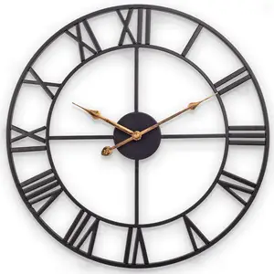 Decor Wall Clock, European Retro Clock with Large Roman Numerals, Indoor Silent Battery Operated Metal Clock for Home
