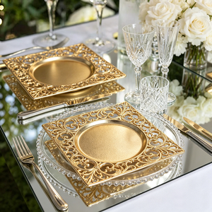 Platos de Presentación Cuadrados de Lujo de 13 Pulgadas, Color Dorado, Diseño Clásico de Plástico para Restaurantes y Fiestas - Product Image 5