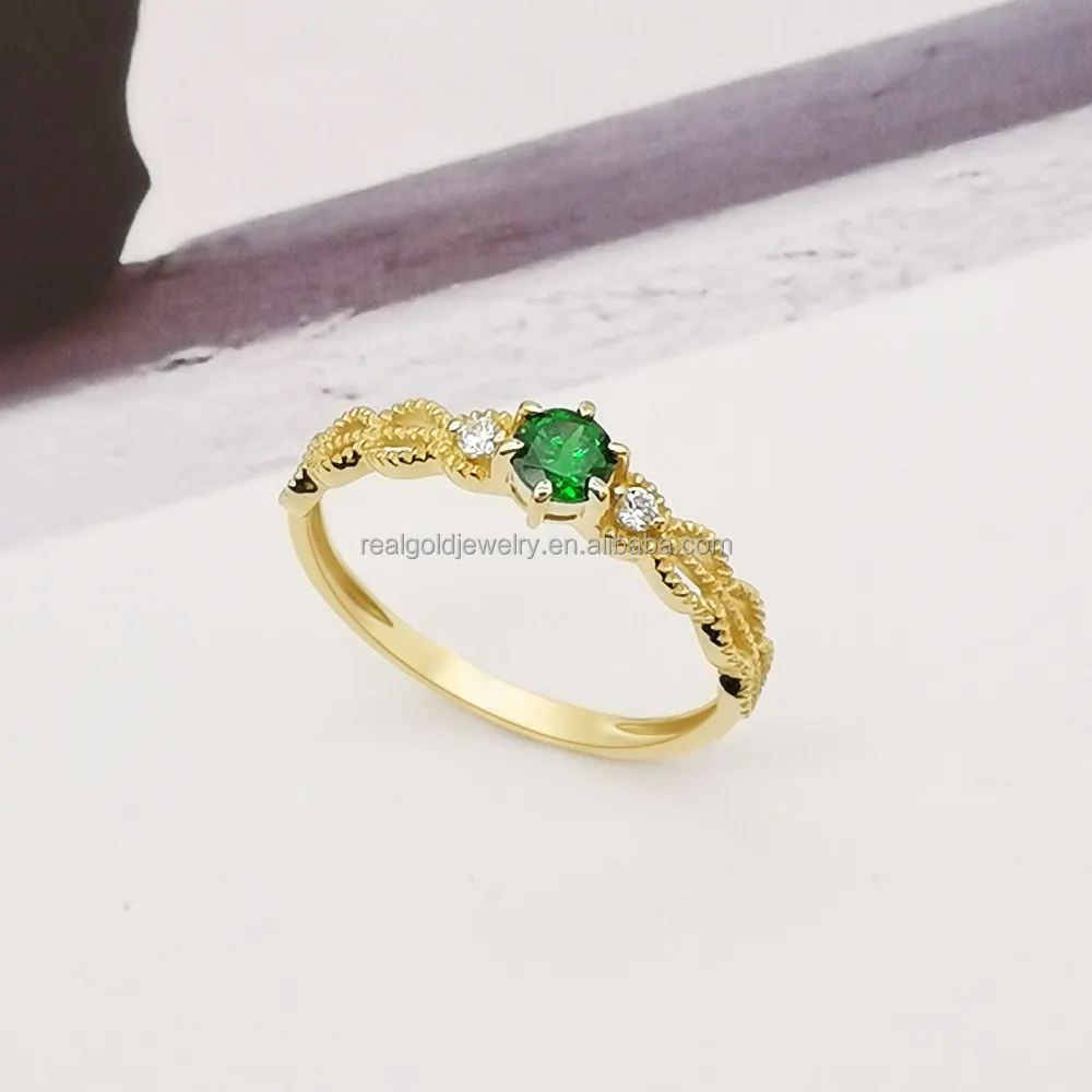 14k Real Gold Engagement Wedding Ring  Big Diamond Green Gemstone 14K Solid Gold Rings Jewelry Women