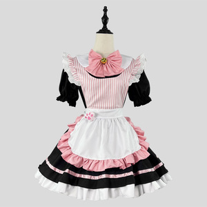 Maid Outfit Cosplay Lolita Costume Women Pink Blue Striped Dress With Bow And Apron Halloween Performance Wear - Product Image 4