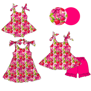 Précommande MOQ 5 – Nouveaux Nœuds Fraise pour Bébés Filles – Vêtements d'Été Tendance en Coton Bio Doux et Spandex – Collection Boutique Trendyism en Soie de Lait - Product Image 1