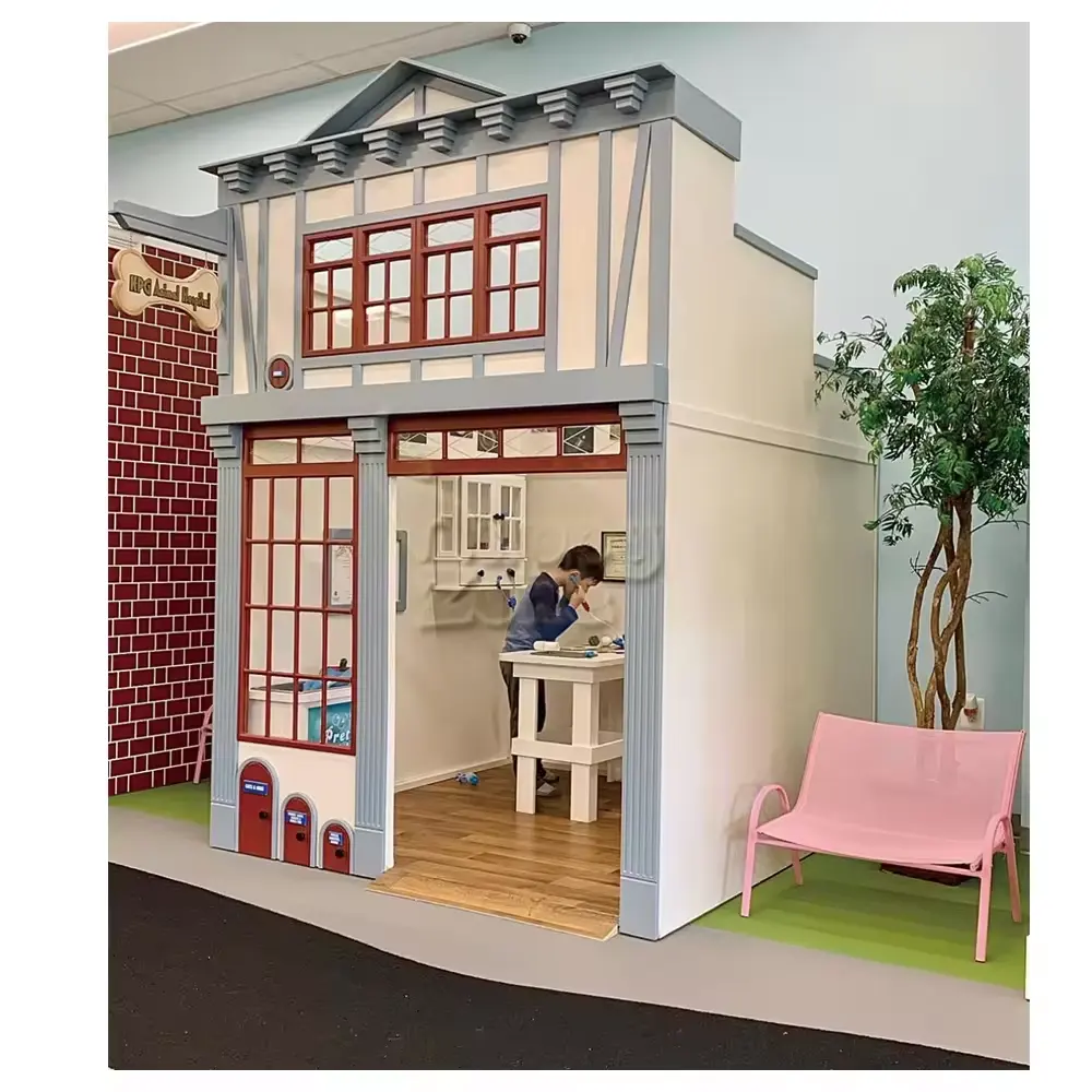 Customized Wooden Role Play House Fire Station Hospital Pretend Indoor Play Area Mini Town Playground With Traffic Road Design