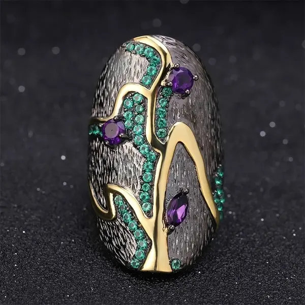 Antik Gümüş Altın Iki Ton Büyük alyanslar Kadınlar Erkekler Için Charm Mor Yeşil Taş Kristal Nişan Yüzüğü Vintage Takı