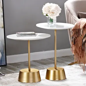 北欧现代金框橡木茶几设计圆形实木边桌客厅圆桌
