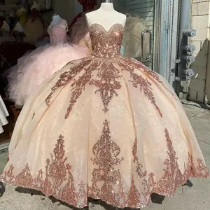 Gaun Quinceanera merah muda sampanye gaun pesta renda berkilau untuk 15 gaun Formal gaun pesta gaun pesta ulang tahun gaun putri