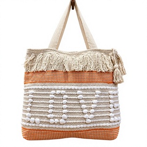 Bohemian Cotton <b>Tote</b> <b>Bag</b> With Tassel Fringe Striped multi Beaded <b>Summer</b> Shopping <b>Bag</b> Open Top Two Handles textured cotton fabric - Product Image 1