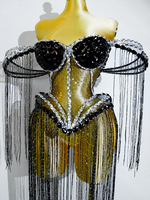 Ensemble de bikini à franges longues en strass noir et argent Cabaret Noir, style cage structurée, pour spectacle de scène Drag Queen Showgirl