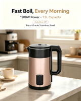 Bouilloire Électrique en Acier Inoxydable 1,5 L 1500 W avec Base Rotative à 360 Degrés, Protection Anti-Ébullition à Sec, Certifiée CE RoHS, Idéale pour la Cuisine Domestique (Vente en Gros)
