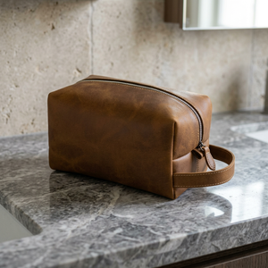 Étui à cosmétiques vintage en cuir Crazy Horse, portable, taille moyenne, fermeture éclair, durable, avec poignée souple - Product Image 2