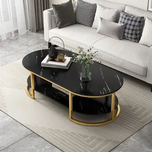 Table basse gigogne ovale contemporaine Table gigogne en bois de Mdf pierre de marbre pour le côté en métal noir et or courbé