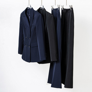 Women's Navy Blue Suit <b>Set</b> Double Breasted <b>Blazer</b> Flared Pants Office Lady Professional Autumn Anti-Wrinkle Polyester - Product Image 2