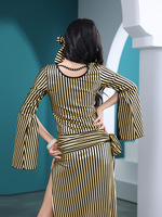 Robe de danse orientale Baladi Saidi pour femmes - Galabeya noire à rayures dorées et manches évasées, costume de danse orientale pour la performance et la pratique