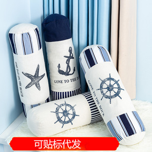 Mediterranean Style Striped <b>Canvas</b> <b>Round</b> Lumbar Pillow With Insert Cotton Washable Back Support Cushion - Product Image 4