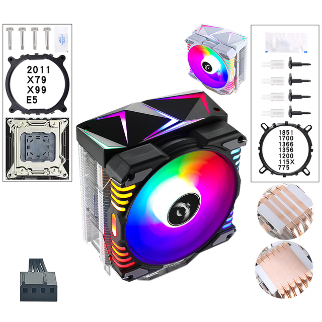 QiuzAim 2011 Desktop 4/6 Copper Tube 1150 Pin CPU Cooling Fan 120mm Silent B85 Lga 1155 1156 1700 X79 X99 AM4 Motherboard