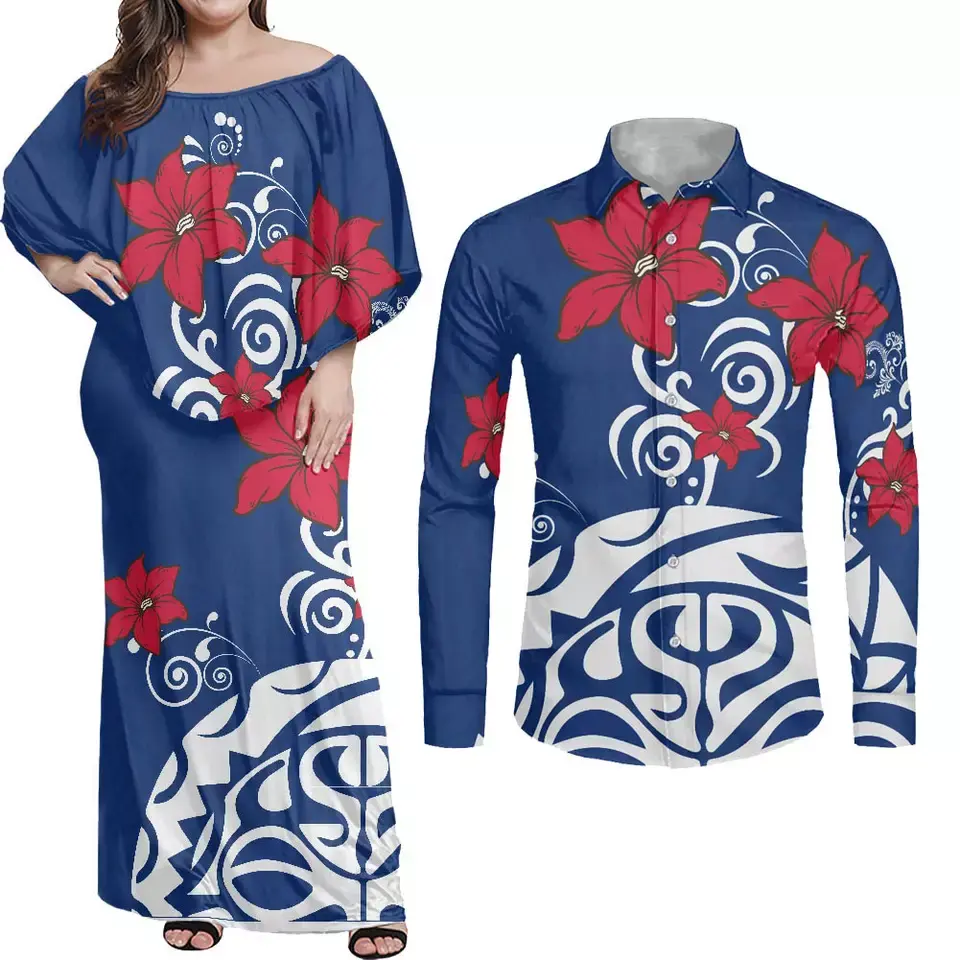 Robe longue à fleurs, Hibiscus, tata, bleu, rouge, personnalisé, Aloha, chemise pour homme, ensemble de vêtements de Couple imprimé polynésien