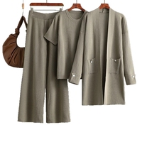 Automne à la mode tempérament tricoté haut à manches courtes Cardigan de longueur moyenne pantalon à jambes larges ensemble pour femmes