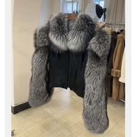 Veste bomber zippée grande taille RXFurs Fashion, veste en cuir et fourrure de mouton avec manches en fourrure de renard argenté pleine fourrure