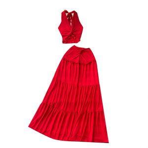 Conjunto de Verano para Mujer: Top Halter Tejido Sólido sin Espalda y Falda de Cintura Alta, Poliéster/Algodón Antiarrugas, Venta al por Mayor - Product Image 5