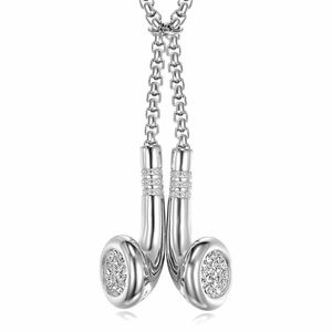 Stainless Steel Earphone Pendant <b>Necklace</b> Gold Silver Rhinestone Pave Setting Unisex <b>Couple</b> Gift Jewelry 2mm 70cm Chain - Product Image 5