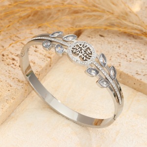 Bracelet en acier inoxydable plaqué or 18 carats, sans ternissement, avec cristal de zircon <span class=keywords><strong>champagne</strong></span>, inspiré de l'arbre de vie du Cachemire - Product Image 2