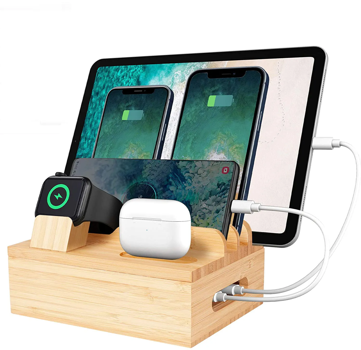 Station de charge en bambou pour appareils multiples, Station de charge, avec 4/5/6/7 Ports USB, organisateur de bureau pour iPhone, Airpods, iWatch et tablette