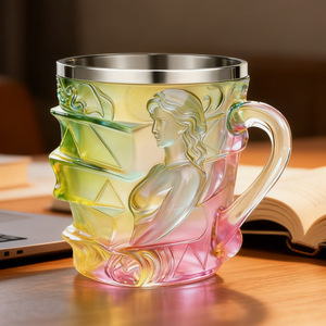Taza de vidrio creativa con diseño de niña, taza de café de resina transparente para lectura y regalo - Product Image 1