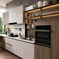 Lemari Dapur Modern dari Baja Anti Karat, Rak Penyimpanan Modular, Meja Marmer, Wastafel, Keran, Peralatan Terpasang, Lampu LED