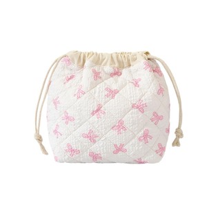 Pochette à maquillage matelassée à cordon pour femmes, imprimé floral avec nœud, trousse de toilette douce de grande capacité, sac de rangement de voyage - Product Image 1