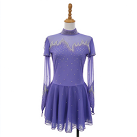 Robe de patinage artistique pour enfants et adultes, violet clair, col montant, manches longues en maille, dos en V orné de strass, pour compétition et spectacle