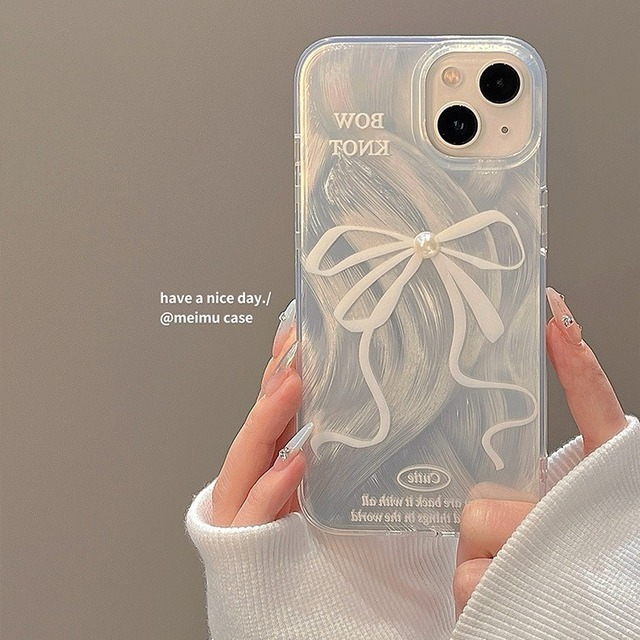 New Popular Pearl Bowknot Printing Camlet Style TPU Mobile Phone Cover Case for Iphone 7 8 X Xr Xs 11 12 13 14 15 16 17Pro Max