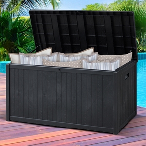 PP Wooden Style Black Plastic Waterproof Outdoor Storage Box 120 Gallon Patio Garden