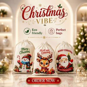 Sac cadeau de Noël en coton à cordon, imprimé Père Noël, bonhomme de neige et rennes, pour fêtes et dessins animés - Product Image 3